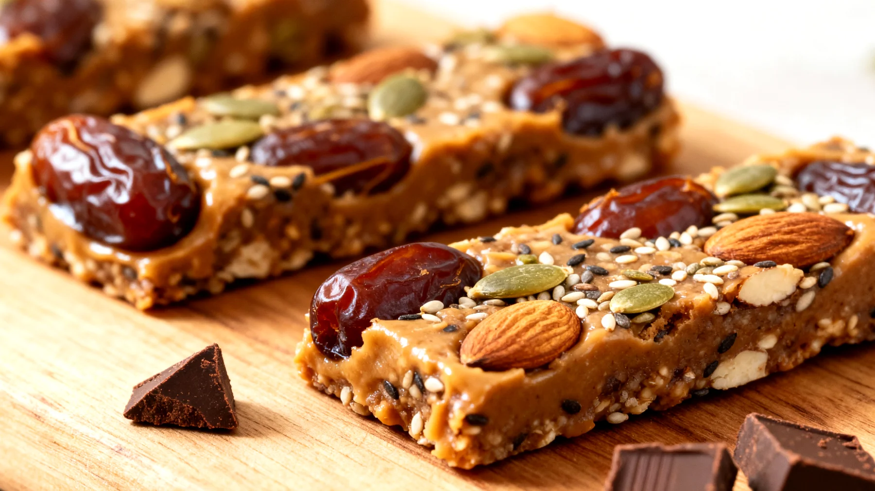 Barrette energetiche fatte in casa con datteri, burro di mandorle, semi di canapa e cacao"