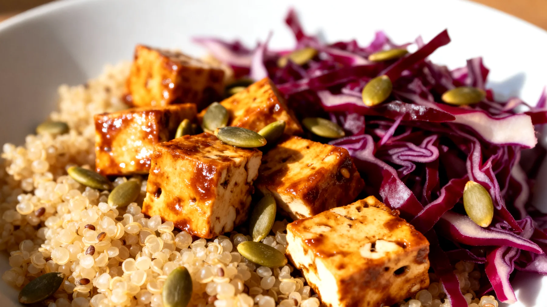 Insalata di quinoa con tempeh marinato, cavolo rosso e semi di zucca"