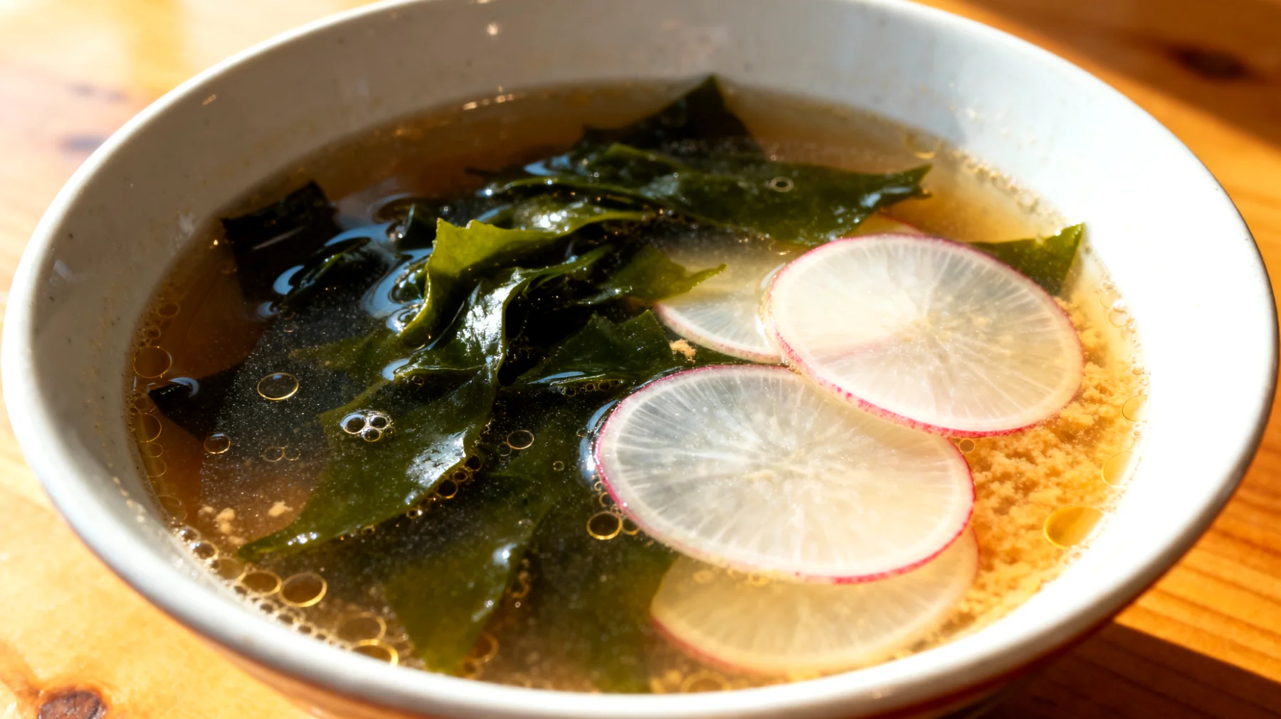 Zuppa di miso con alghe wakame e daikon"
