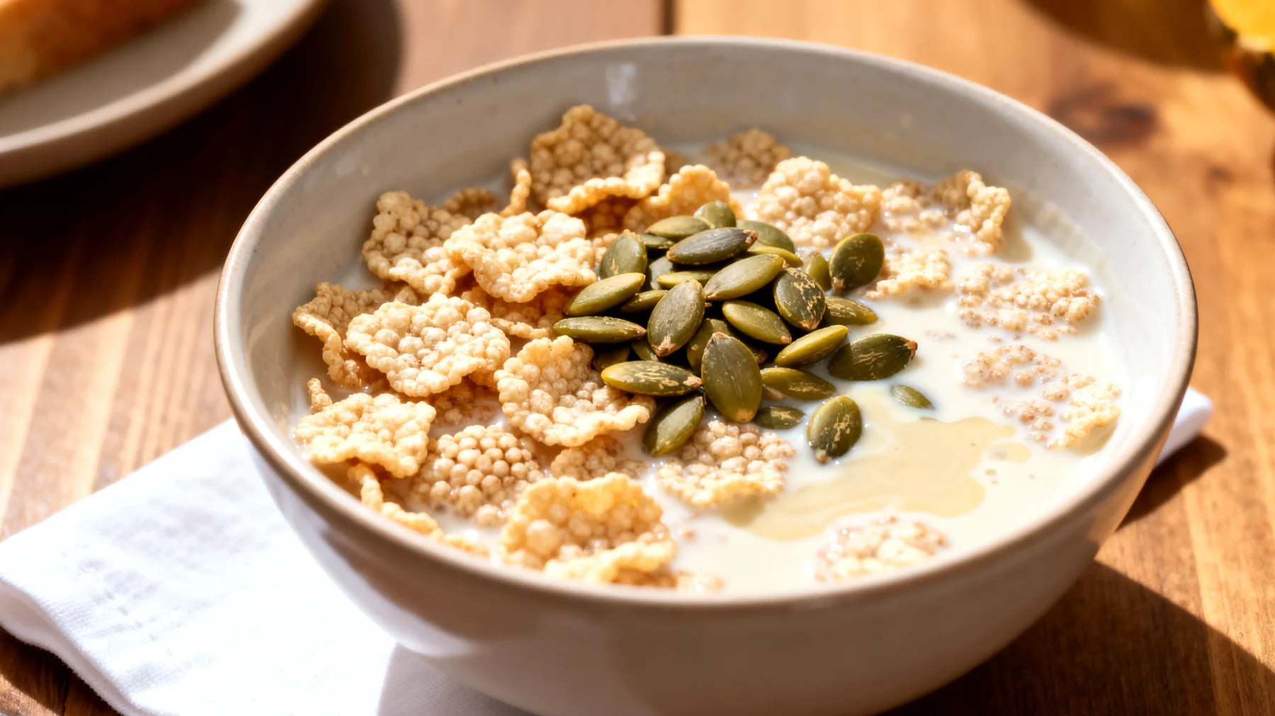 Amaranto soffiato con latte di canapa e semi di zucca"