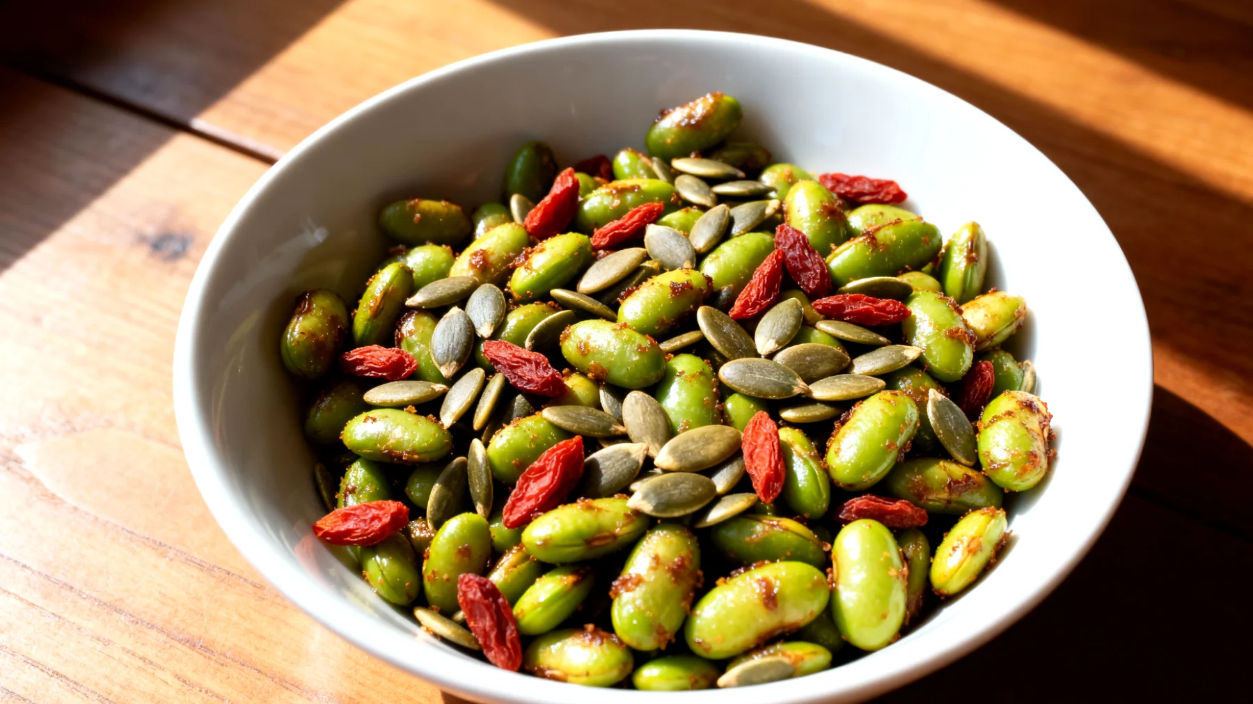 Edamame tostati con semi di zucca e bacche di goji"