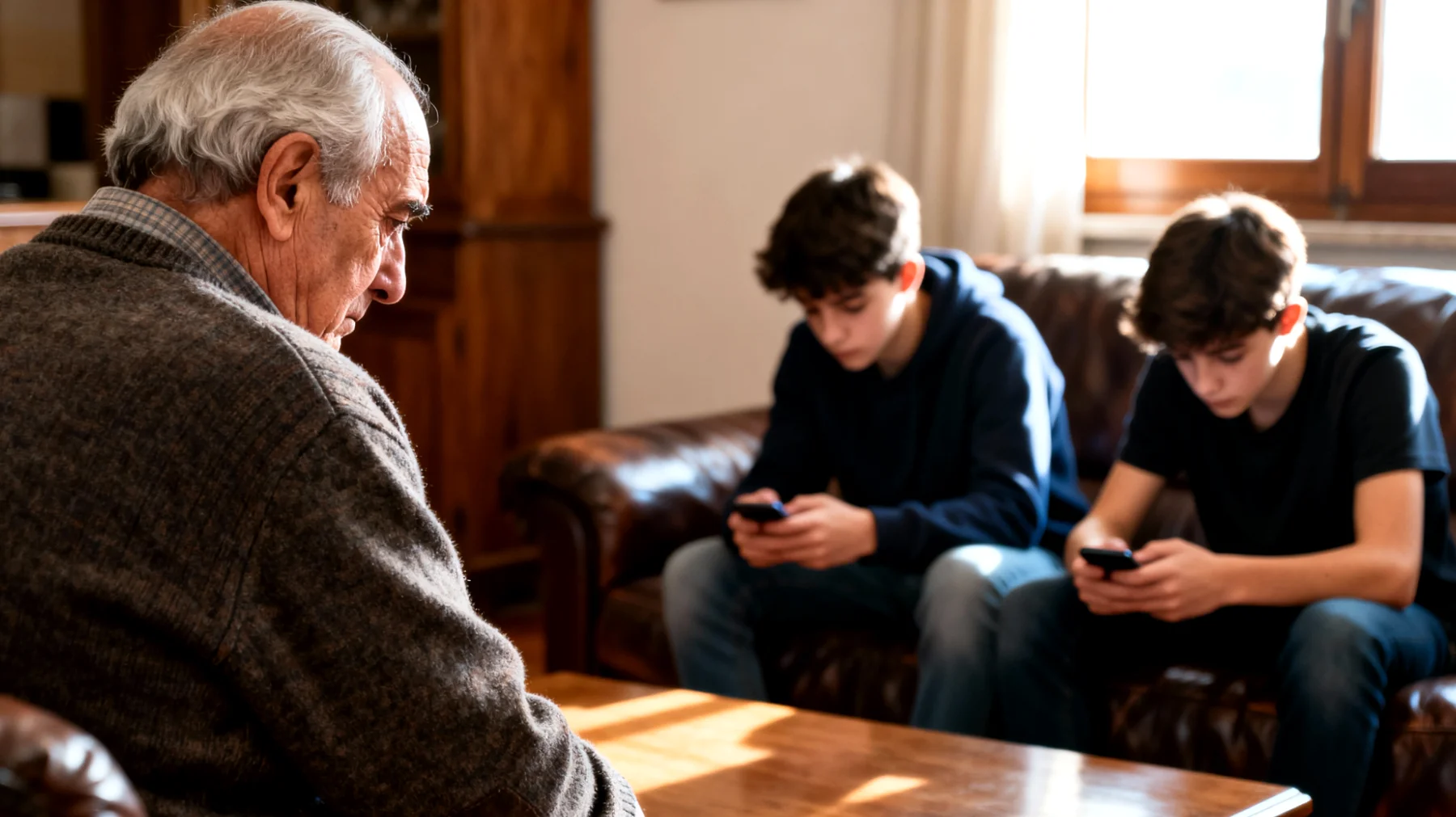 Nonno che fatica a instaurare un dialogo emotivo profondo con nipoti adolescenti, limitandosi a conversazioni superficiali e perdendo l'opportunità di trasmettere valori ed esperienza di vita"